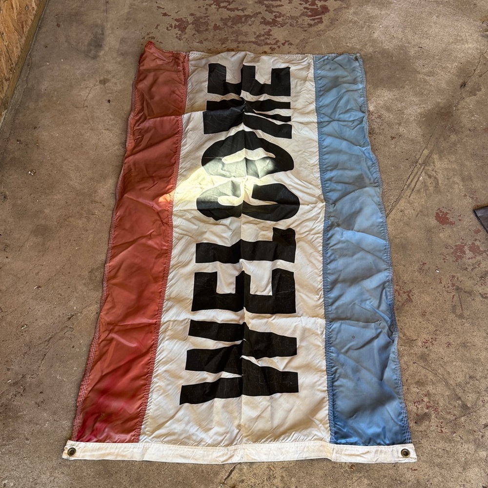 Vintage Welcome Flag with Red, White, and Blue Stripes